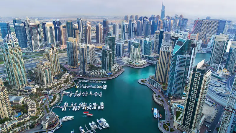 Aerial view of Dubai Marina featuring luxury skyscrapers and waterfront yachts