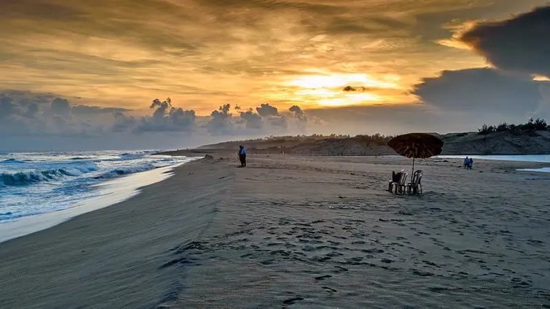 Golden sunset casting warm light across a tranquil sandy shoreline