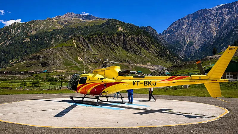 Helicopter parked at the Baltal helipad for Amarnath Yatra pilgrims