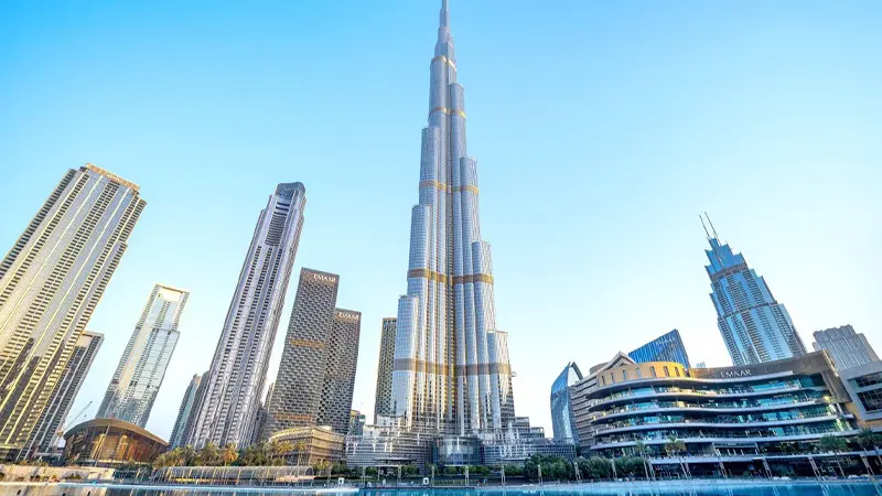 Burj Khalifa towering over Downtown Dubai with modern skyscrapers
