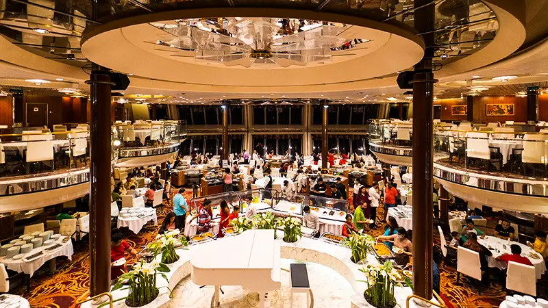 Elegant multi-cuisine dining restaurant inside the Cordelia Cruise ship
