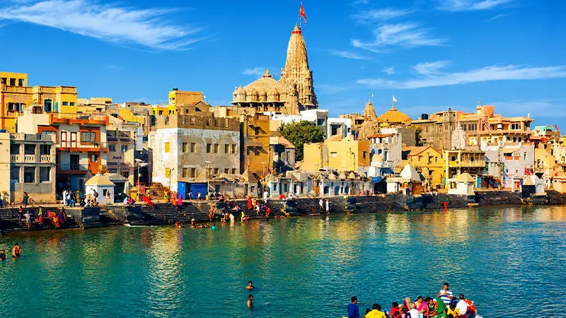 Dwarkadhish Temple overlooking Gomti Ghat in Dwarka Gujarat