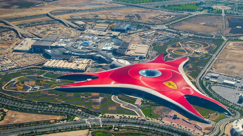 Aerial view of Ferrari World Abu Dhabi with its iconic red roof