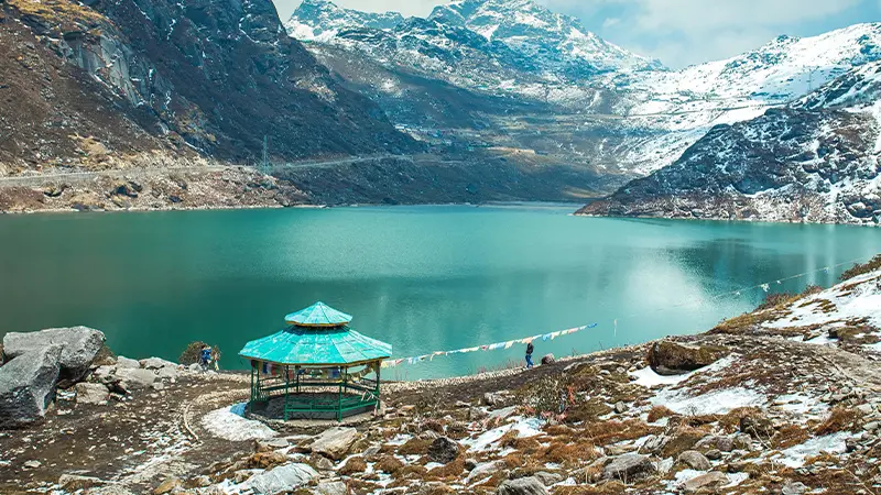Peaceful lakeside view of Gurudongmar Lake Sikkim