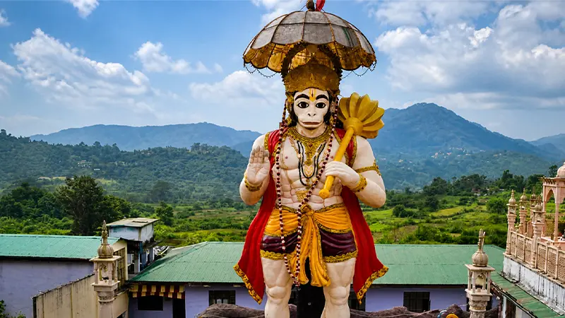 Sacred guardian deity statue overlooking green Himalayan landscapes