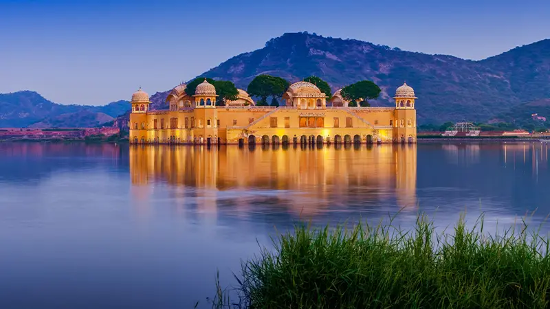 Evening reflection of Jal Mahal on Man Sagar Lake in Jaipur