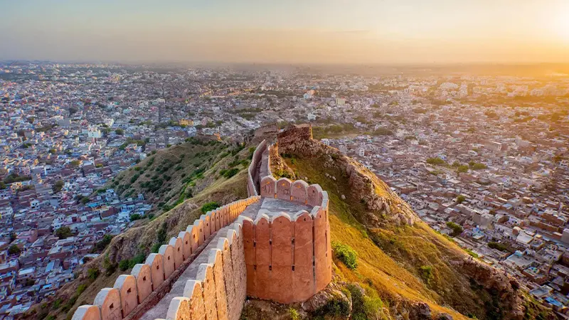 Panoramic view of Mehrangarh Fort ramparts overlooking the Blue City of Jodhpur Rajasthan