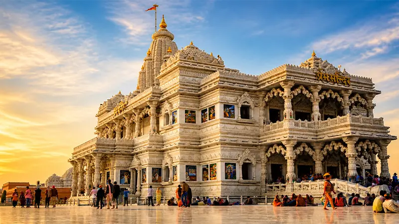 Marble architecture of Prem Mandir during sunrise in Vrindavan
