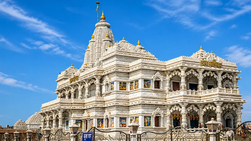 Magnificent white marble architecture of Prem Mandir in Vrindavan