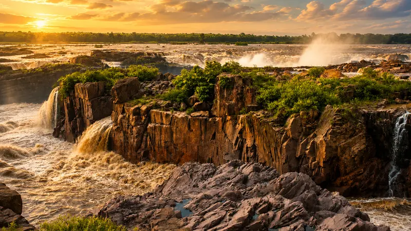 Powerful waterfalls flowing through rugged canyon landscapes at sunset