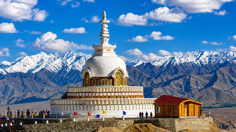 White Shanti Stupa with Himalayan mountain views in Leh